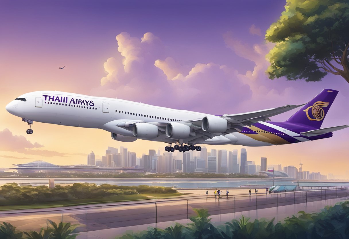 A Thai Airways plane lands at Changi Airport, Singapore, with a backdrop of iconic city landmarks and a network of connecting flights