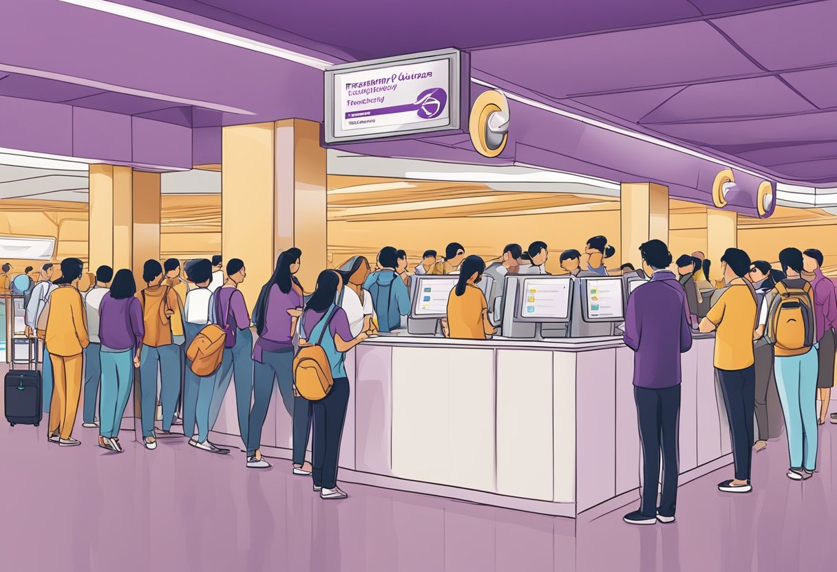 Passengers lining up at Thai Airways counter in Singapore, with a sign displaying "Frequently Asked Questions" prominently