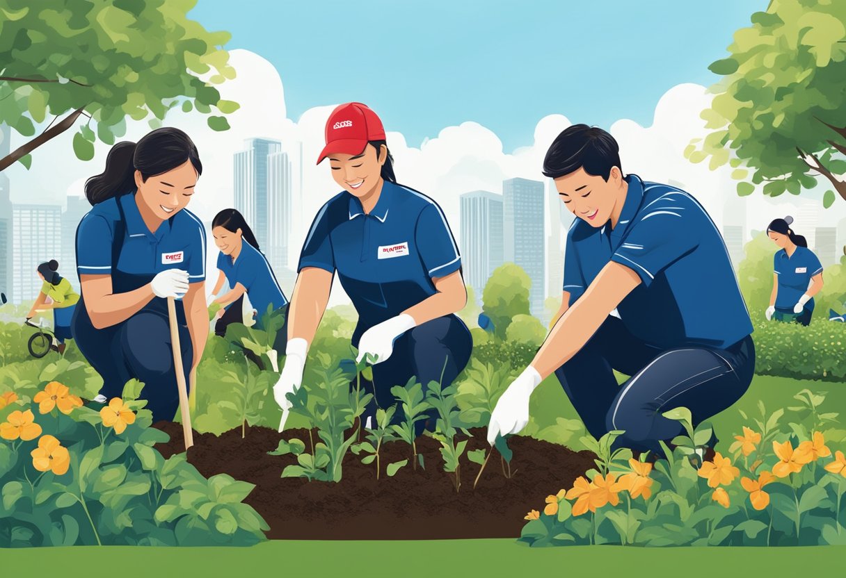 Employees planting trees in a community garden, while others volunteer at a local charity. UBS Singapore logo visible on their uniforms