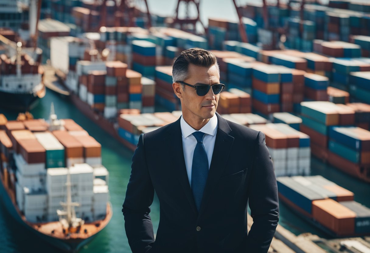 A maritime lawyer standing on a bustling port, surrounded by ships and cargo, reviewing legal documents and negotiating with clients