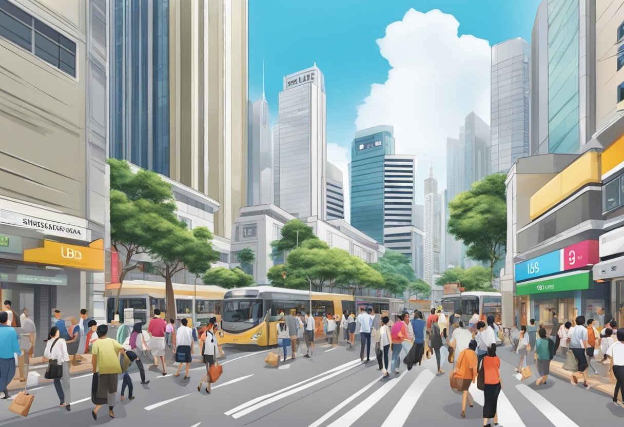 A bustling Singapore street with a prominent UBS bank branch, surrounded by people and vibrant city life