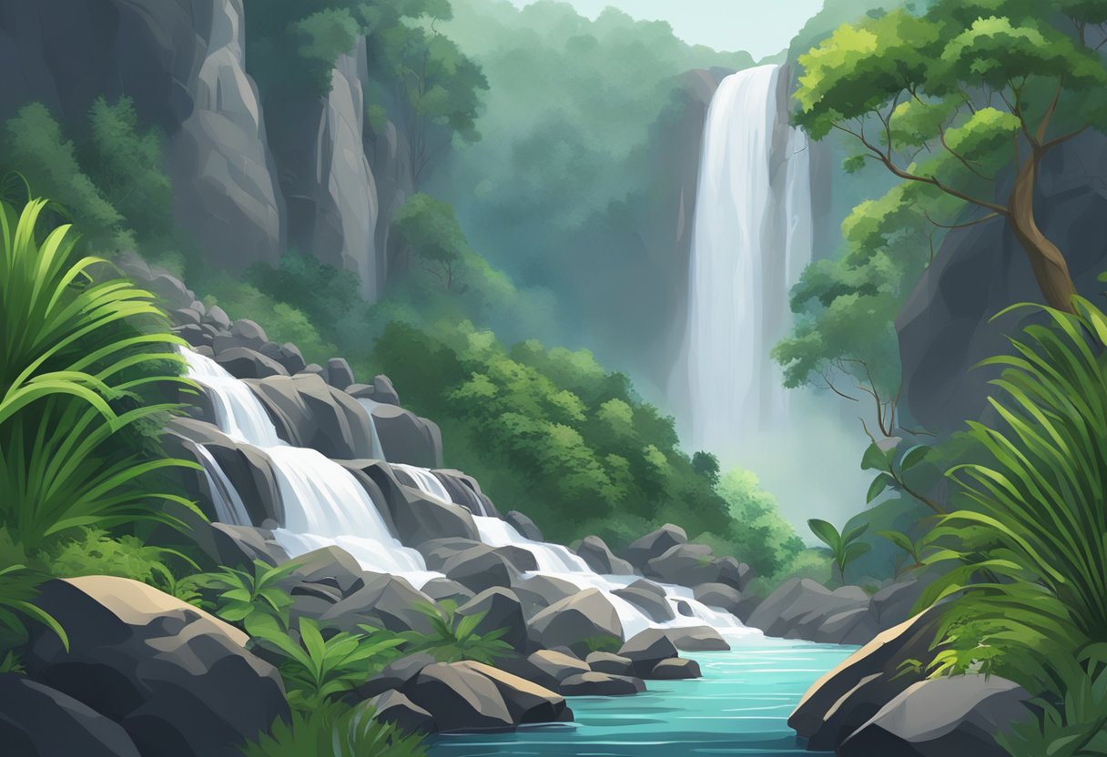 A rushing waterfall cascades down a rocky cliff, surrounded by lush greenery and misty spray in Singapore