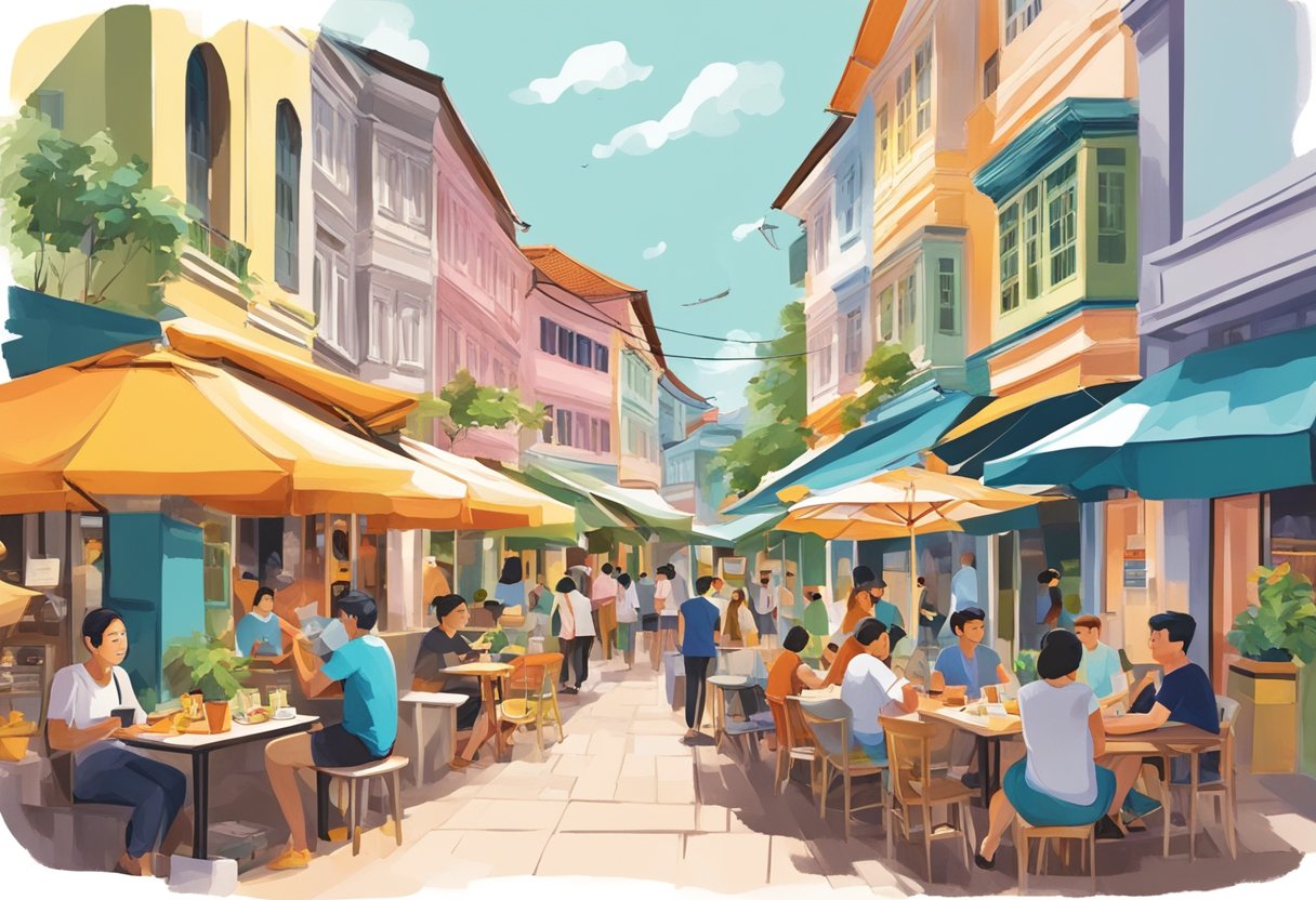 People chatting at outdoor cafes, colorful buildings, and bustling markets in Singapore