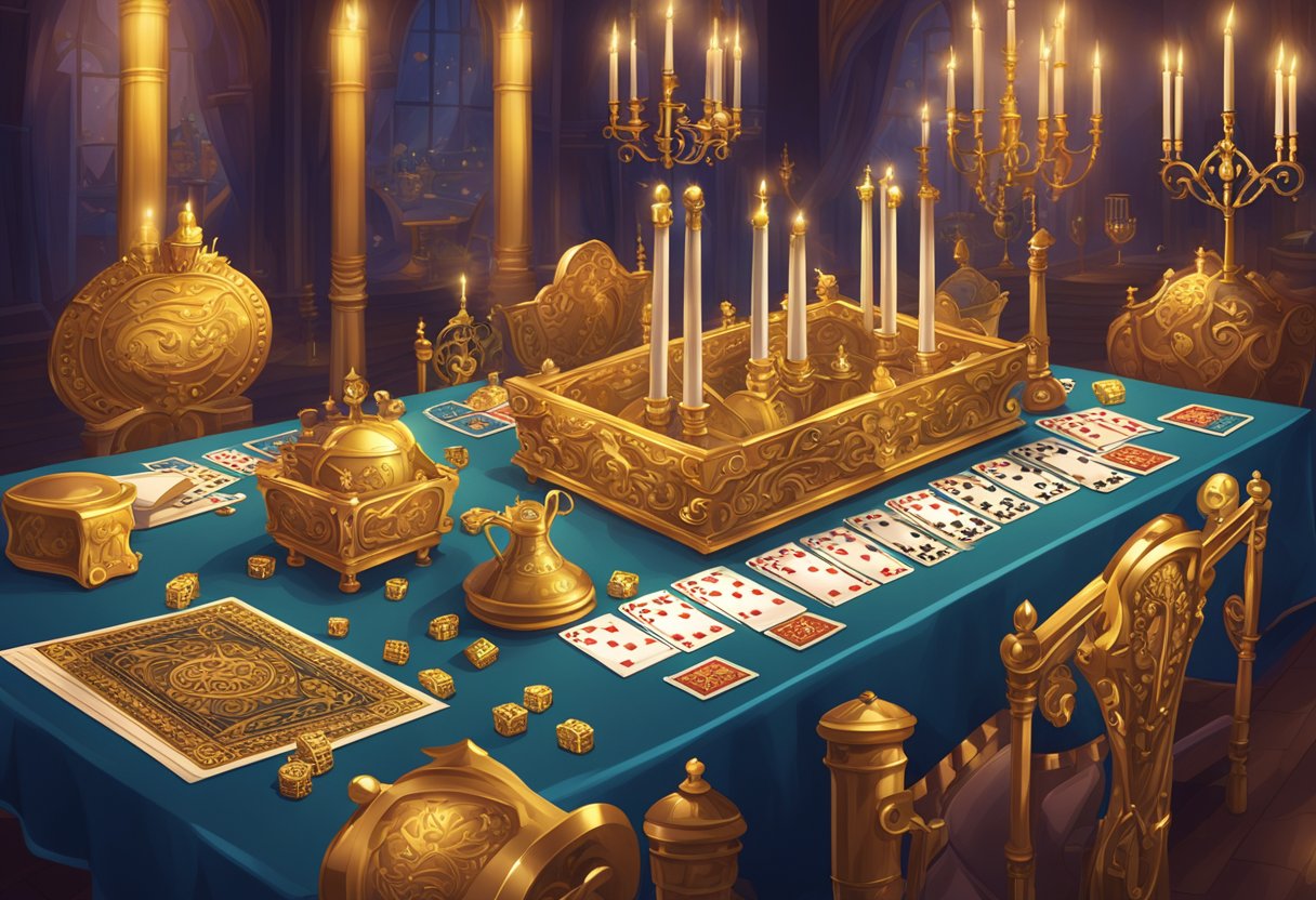 A royal-themed game selection with crowns, scepters, and ornate designs. Tables filled with cards, dice, and game pieces. Bright lights and luxurious decor