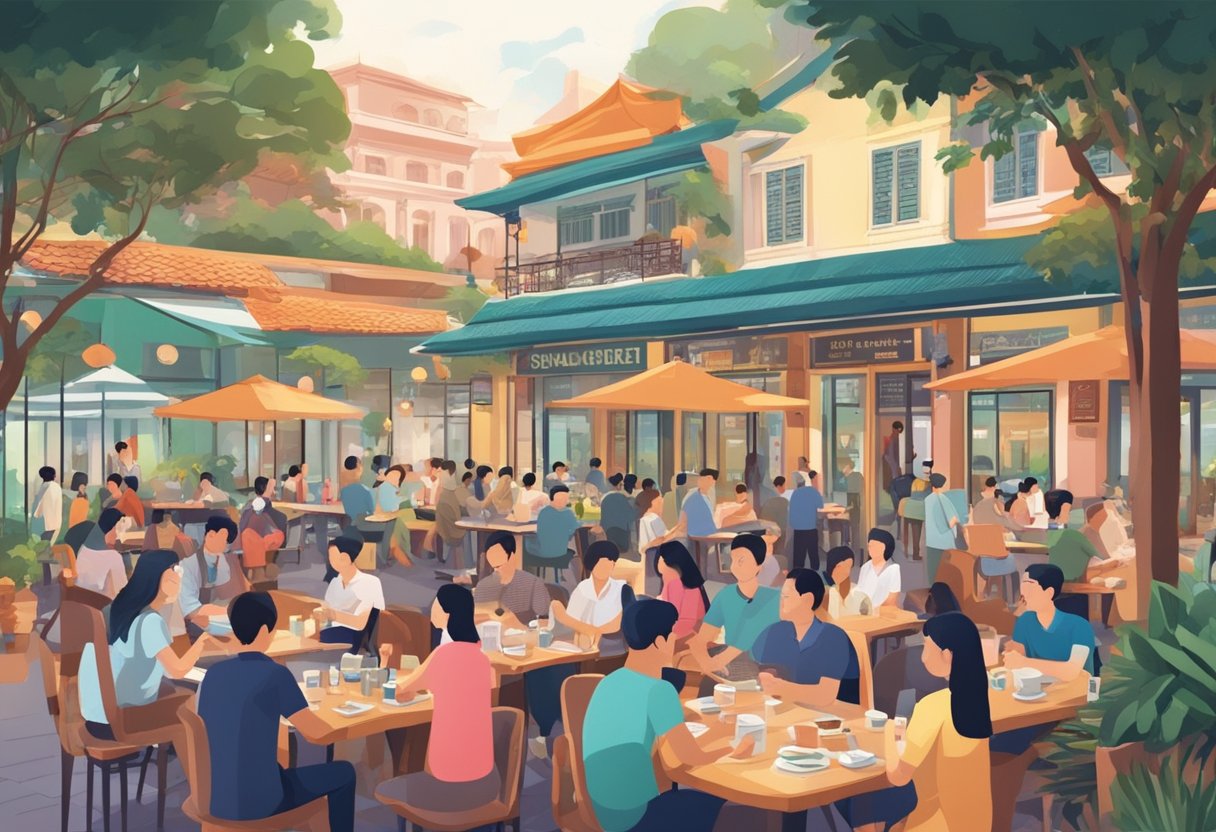 A bustling Singapore social place with people asking questions in a vibrant setting