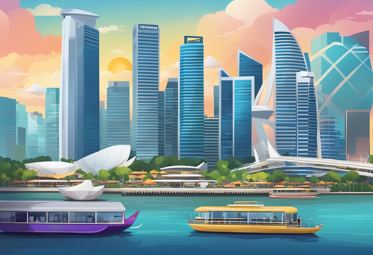 A vibrant cityscape of Singapore's skyline, with iconic landmarks like the Marina Bay Sands and the Singapore Flyer, bustling with activity and energy
