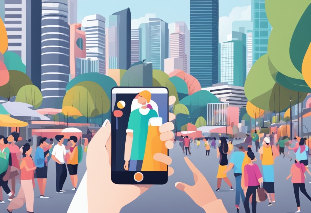 A bustling Singapore cityscape with iconic landmarks and a smartphone displaying the TikTok app trending among diverse groups of people