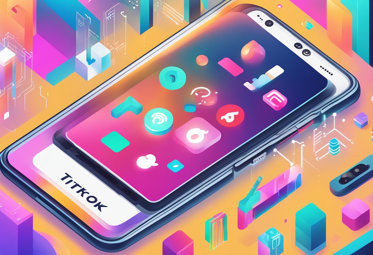 A smartphone displaying the TikTok app with trending hashtags and content from Singapore, surrounded by vibrant and engaging visuals