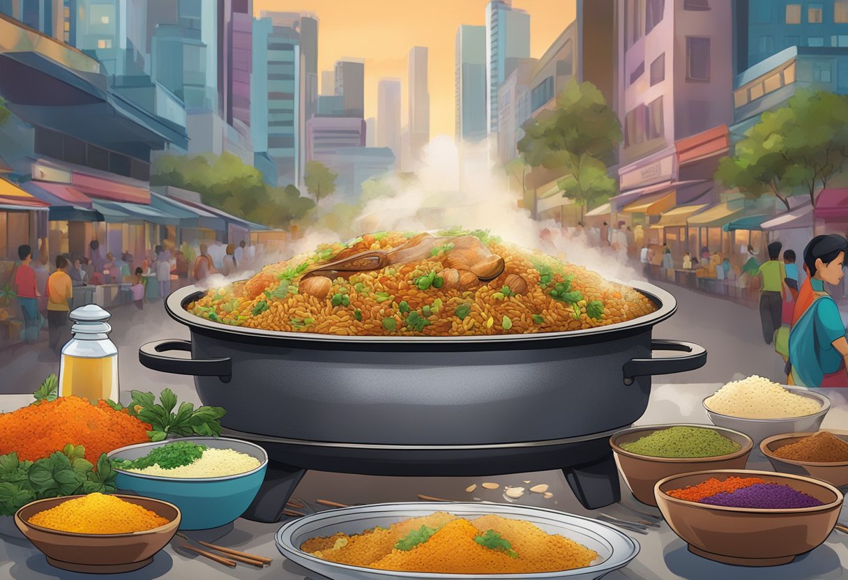 A steaming pot of fragrant biryani sits on a table, surrounded by colorful spices and herbs, with a backdrop of the bustling streets of Singapore