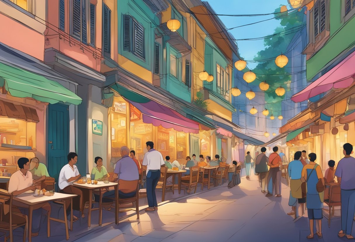 A bustling street in Singapore, with colorful storefronts and the aroma of spices wafting through the air. Tables and chairs spill onto the sidewalk, where diners enjoy delicious biryani under the glow of twinkling lights