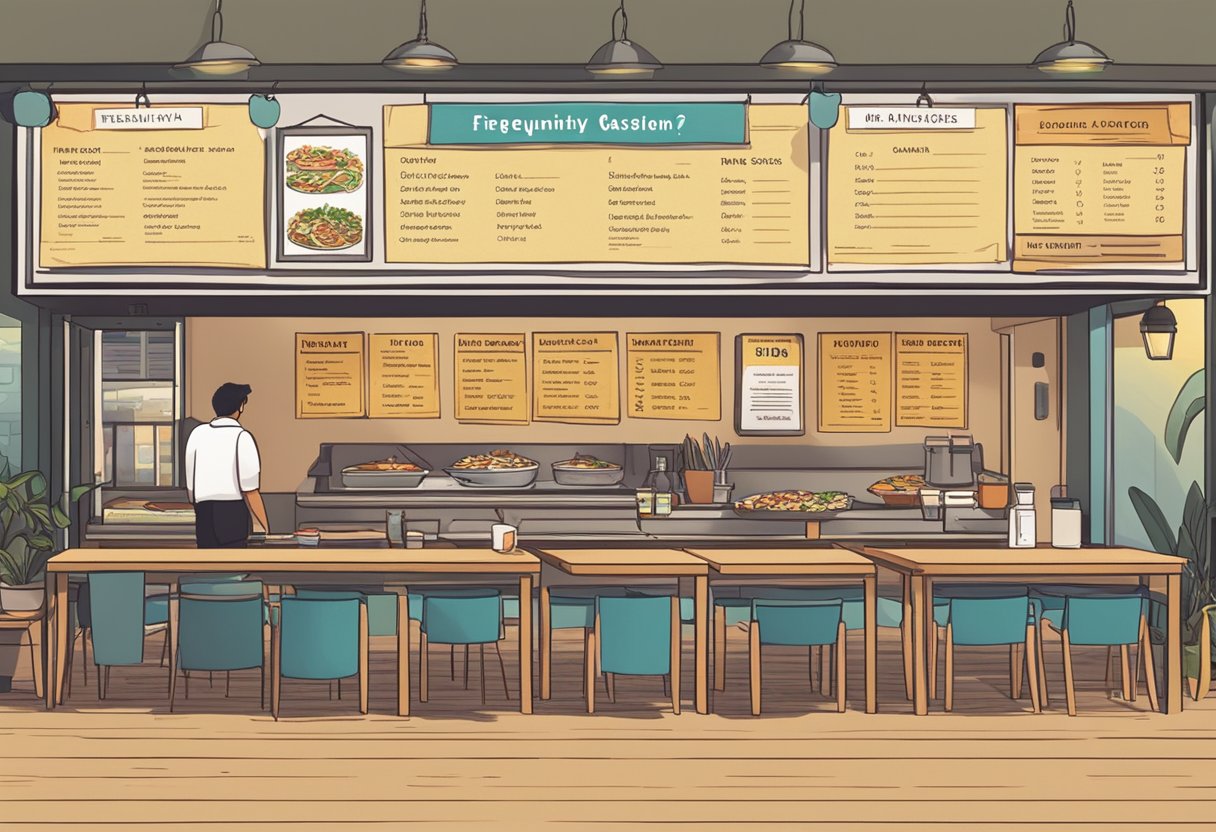 A table with a menu board displaying "Frequently Asked Questions" and a sign reading "Mr Biryani Singapore" above it