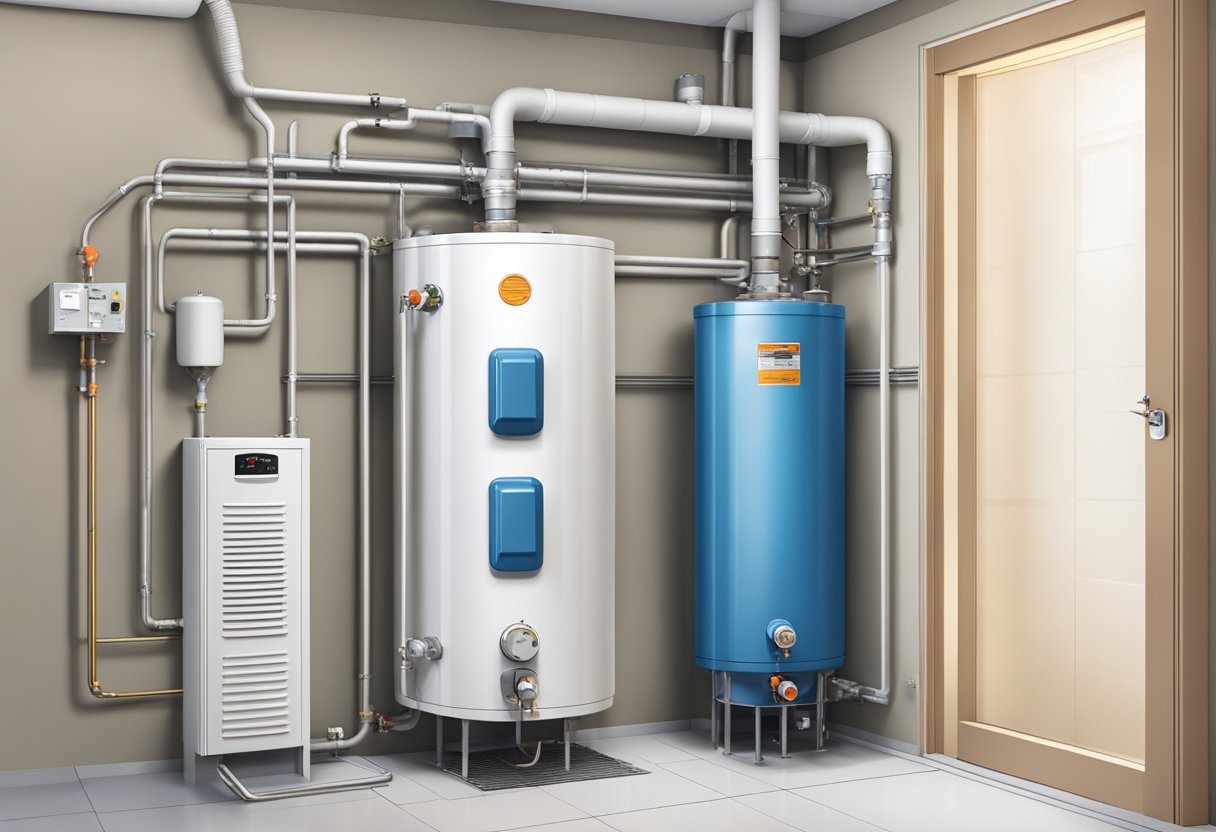 A modern water heater installed in a small utility closet, with pipes and electrical connections visible