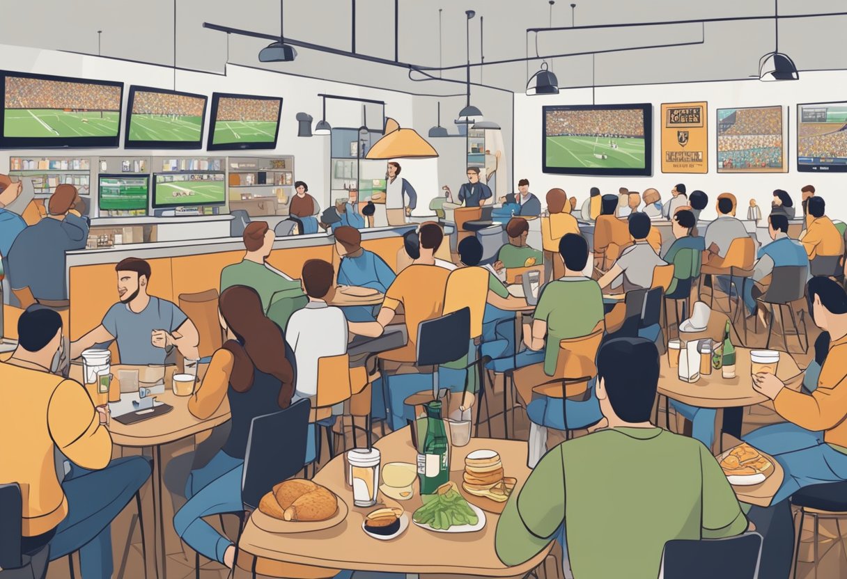 A bustling cafe with football memorabilia, large TV screens, and customers enjoying drinks and snacks while watching a live football match