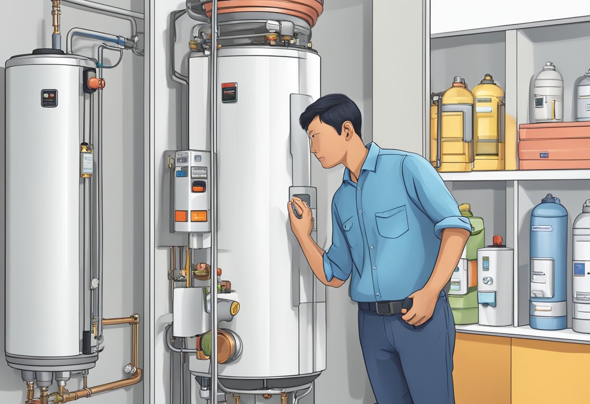 A homeowner in Singapore carefully selects a water heater from a variety of options in a store, considering size, energy efficiency, and cost
