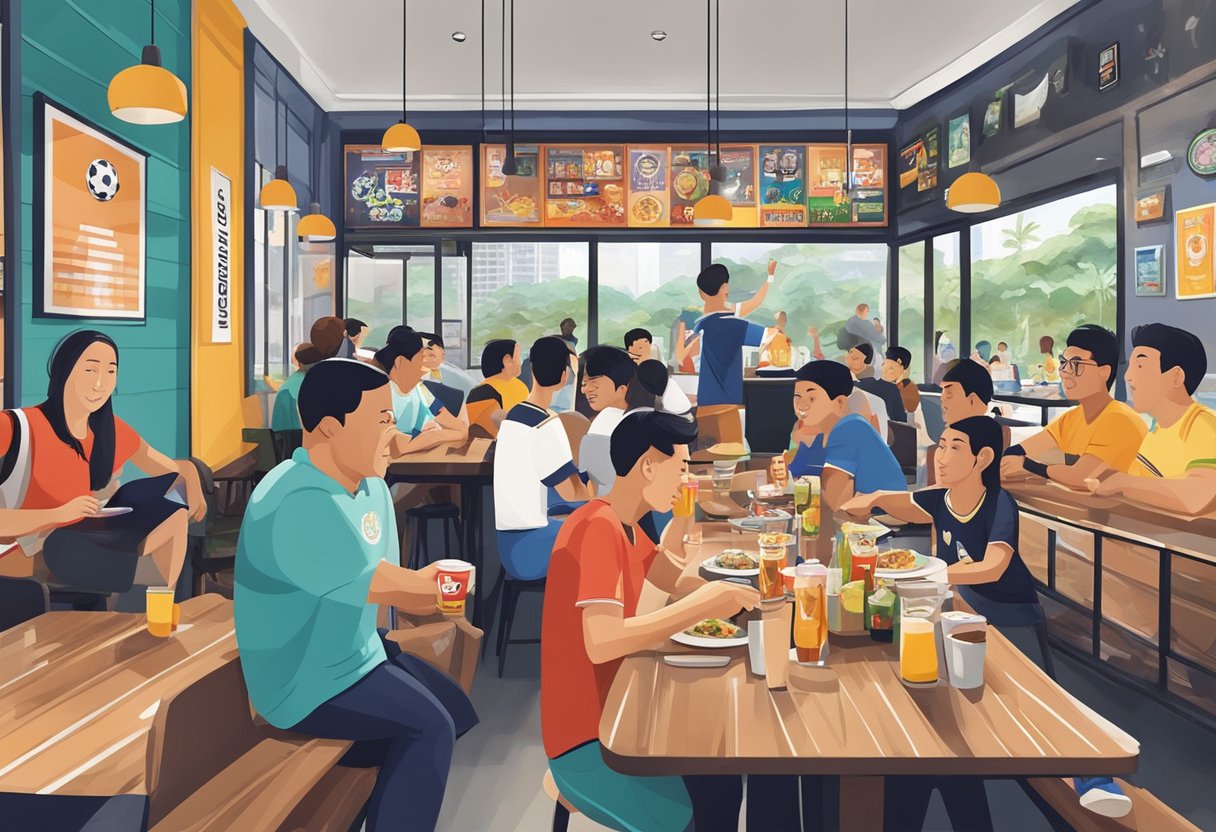 Customers enjoying food and drinks at Cafe Football Singapore, with football memorabilia on display and a lively atmosphere