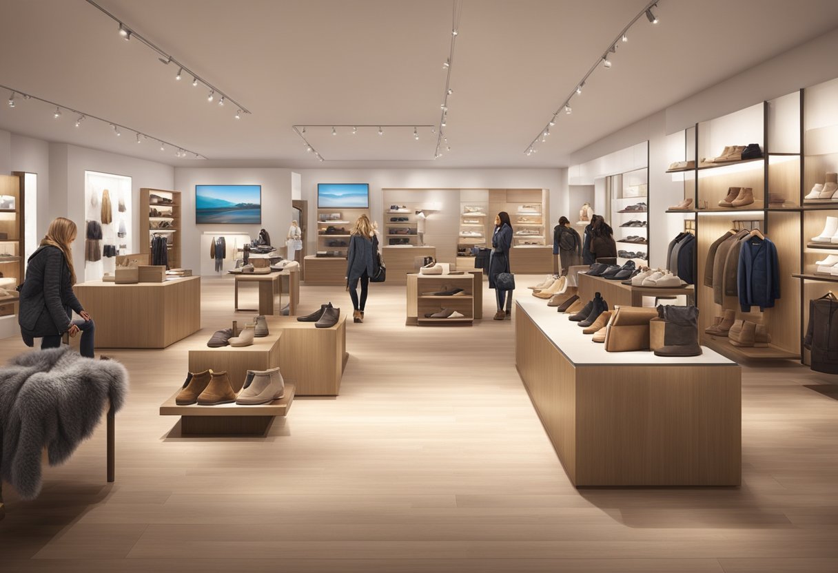 Customers browse UGG boots and accessories in a modern, spacious store with sleek displays and soft lighting. The atmosphere is inviting and luxurious