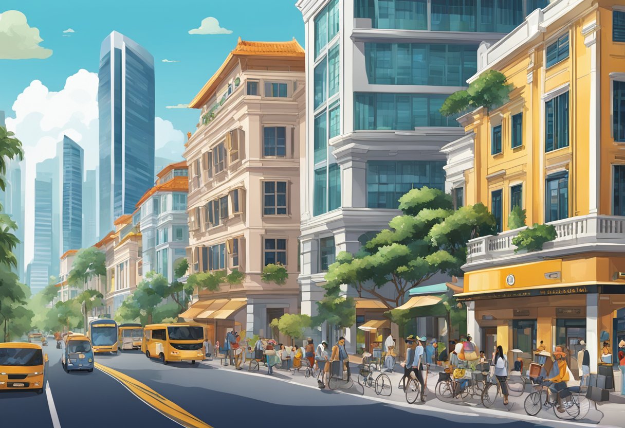 The bustling streets of Cellini Singapore, with modern architecture and vibrant colors, set against a backdrop of a bustling city skyline