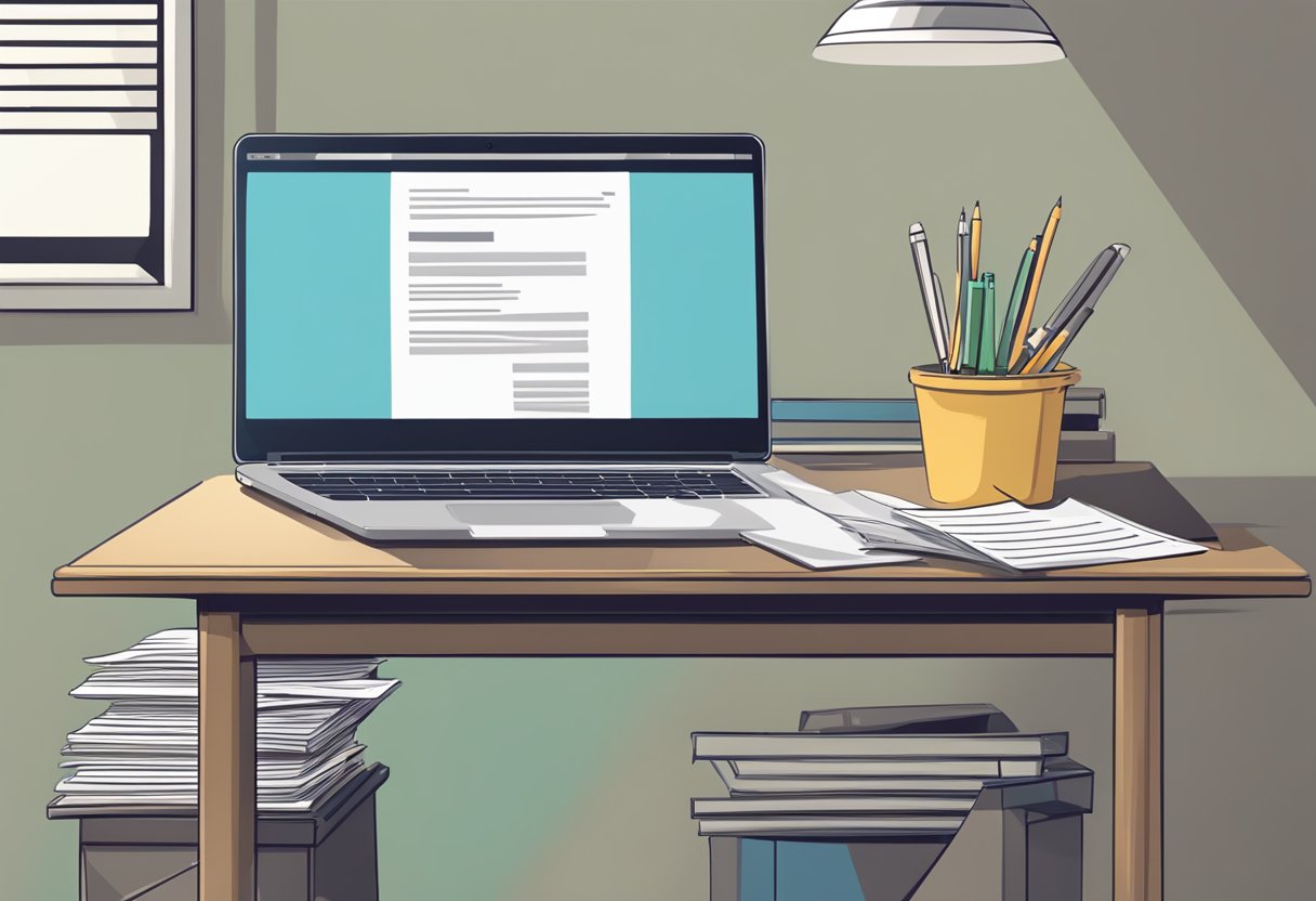 A table with a laptop, a stack of papers, and a pen. A sign with "Frequently Asked Questions" on the wall