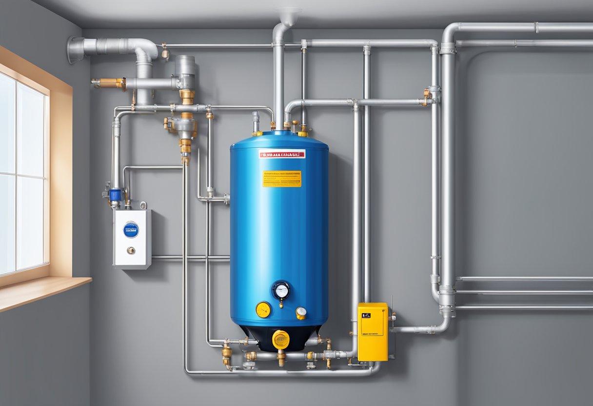 A water heater installed in a well-ventilated area with a clear warning label and a pressure relief valve