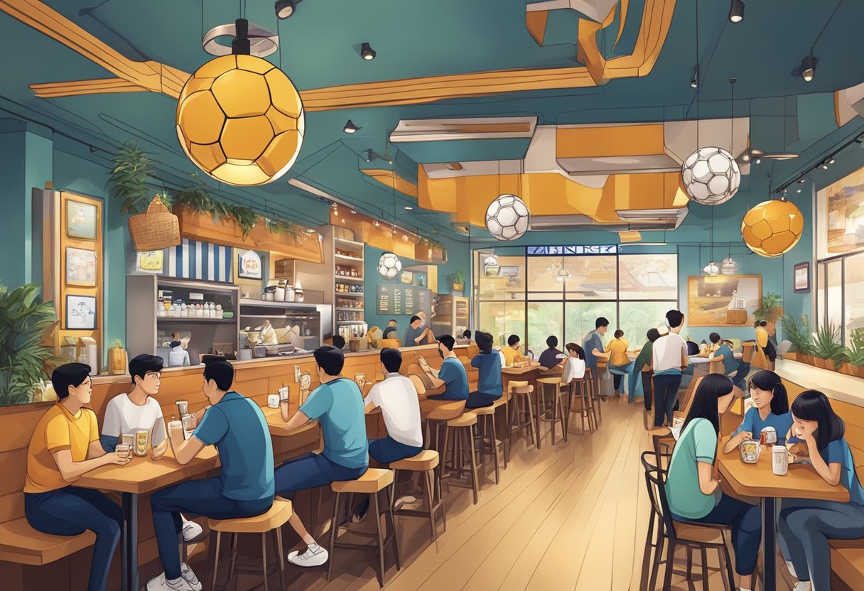 Customers enjoying food and drinks at the FAQ cafe in Singapore, with football-themed decor and lively atmosphere