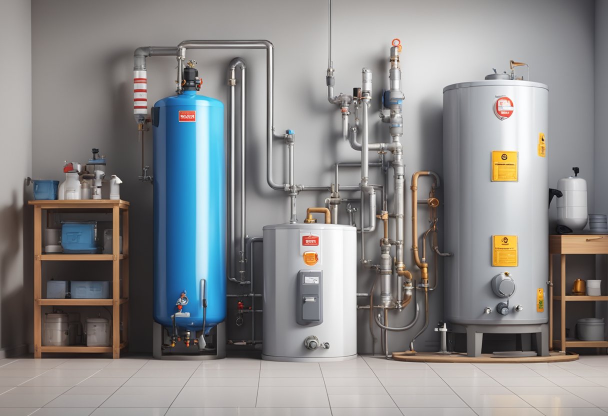 A water heater with a "Frequently Asked Questions" sign in English and Chinese, surrounded by various tools and pipes
