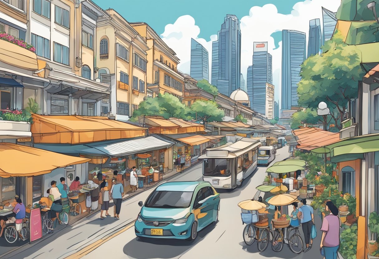 A bustling street in Singapore, lined with affordable restaurants boasting a stunning view of the city skyline. The aroma of diverse culinary specialties fills the air, as locals and tourists alike enjoy their dining experiences