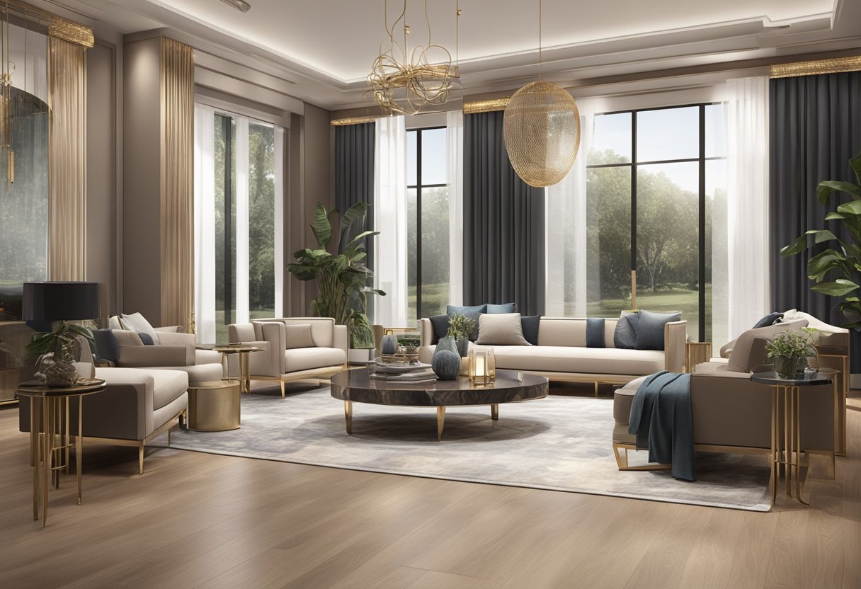 A spacious showroom with modern furniture displays, soft ambient lighting, and elegant decor. Rich textures and luxurious materials create a sophisticated atmosphere