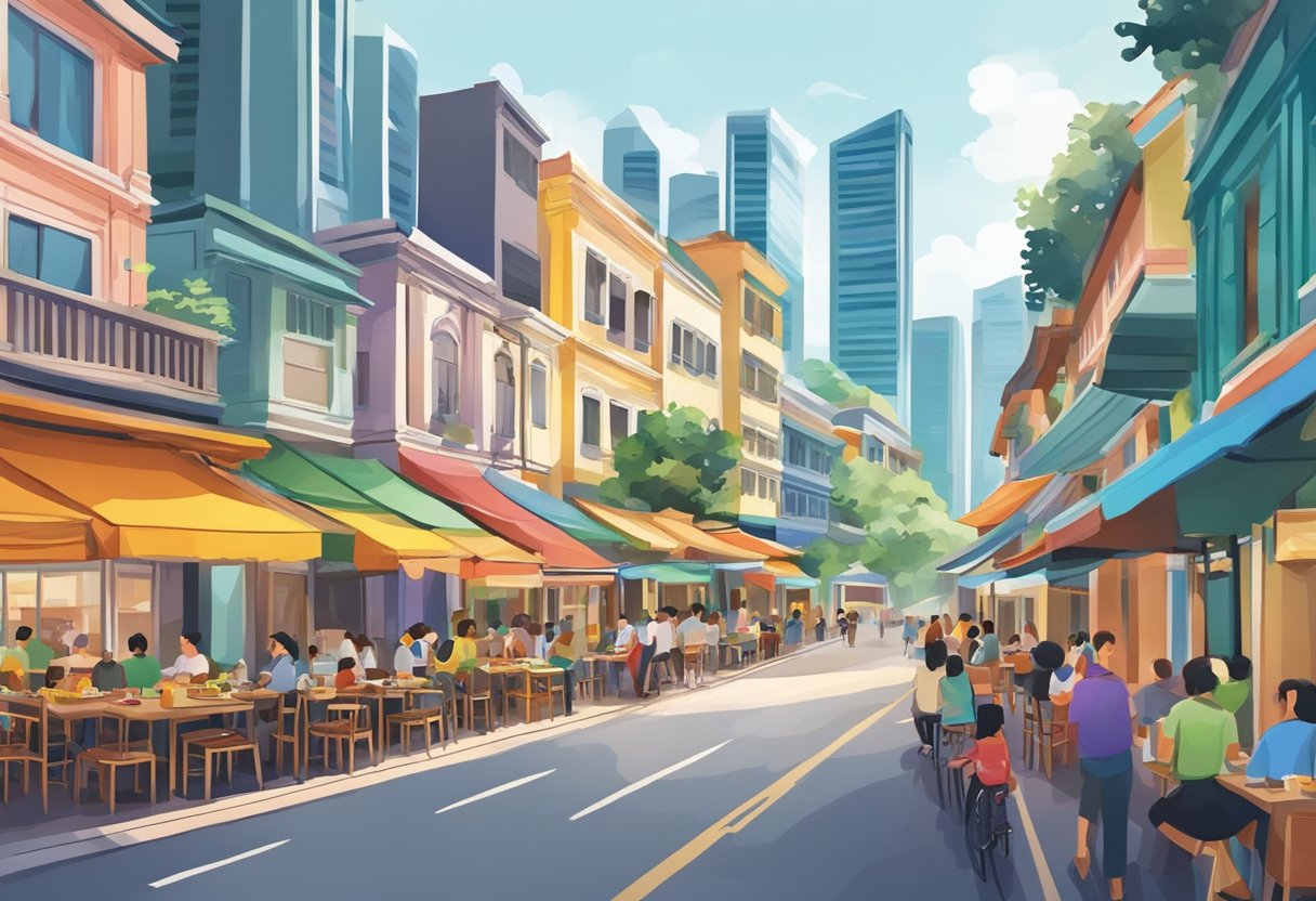 A bustling street in Singapore with colorful, affordable restaurants lining the sidewalk, offering a stunning view of the city skyline