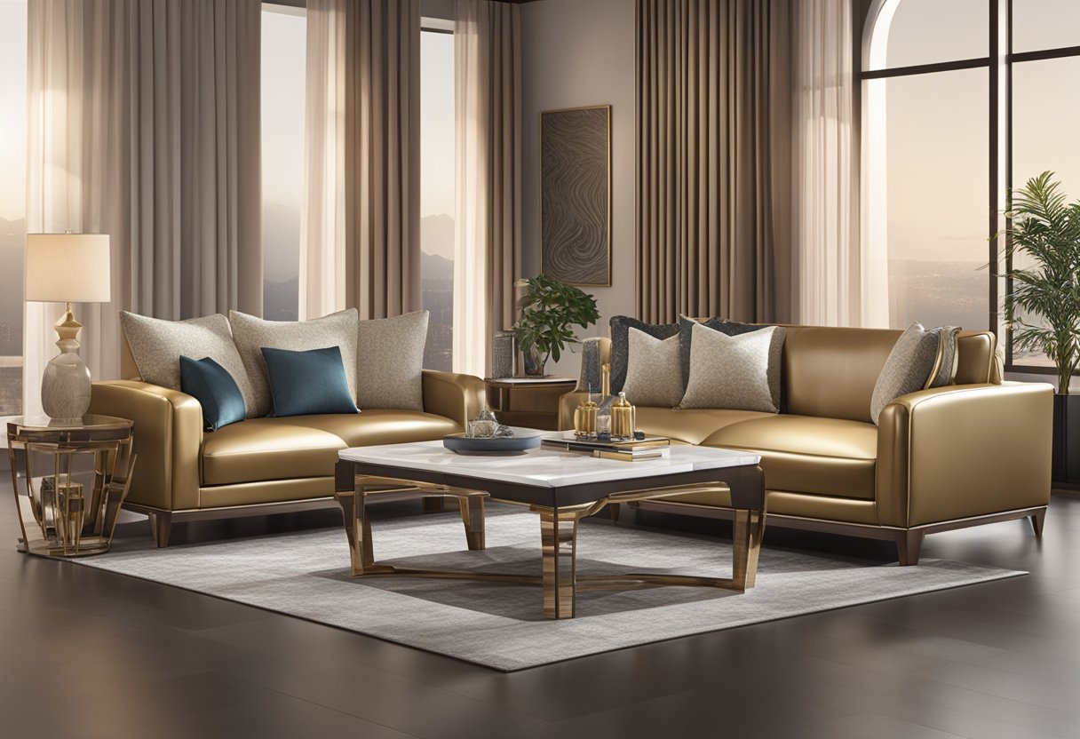 A luxurious display of Cellini furniture, with sleek lines and opulent materials, set against a backdrop of modern elegance