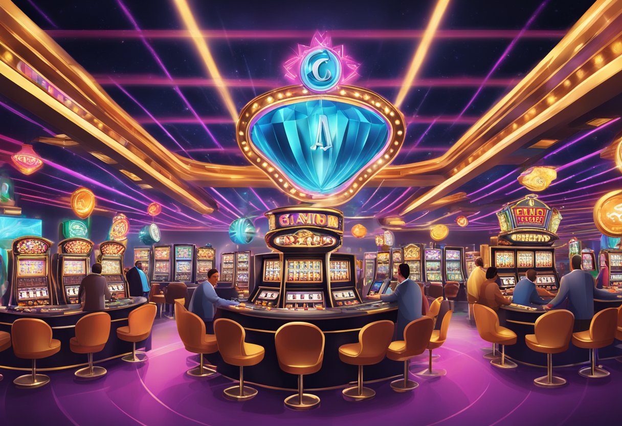 A vibrant casino scene with the Ripple logo prominently displayed on slot machines and gaming tables, surrounded by excited patrons and staff