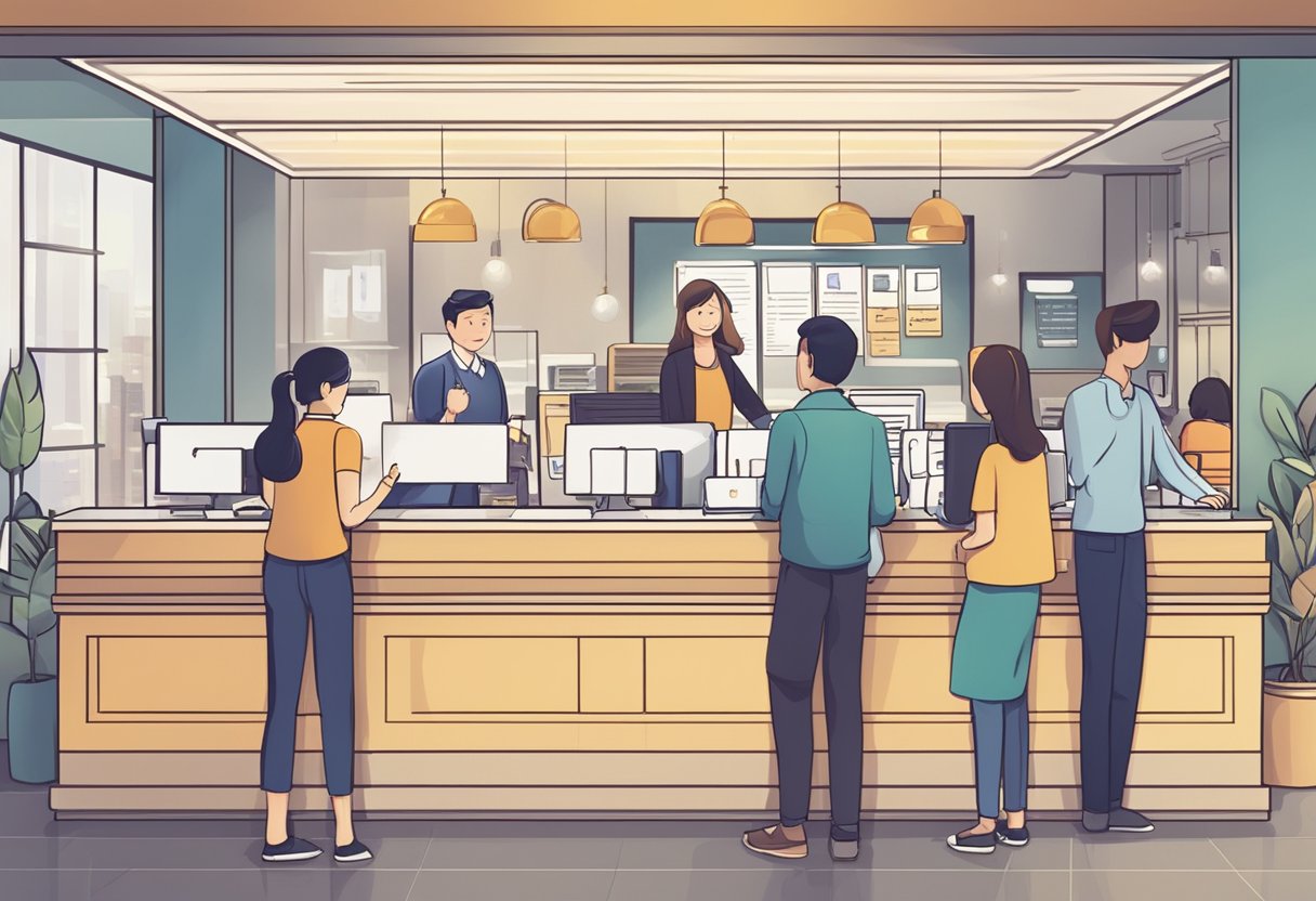 A busy customer service desk with people waiting in line, a sign that reads "Frequently Asked Questions Cellini Singapore," and staff assisting customers