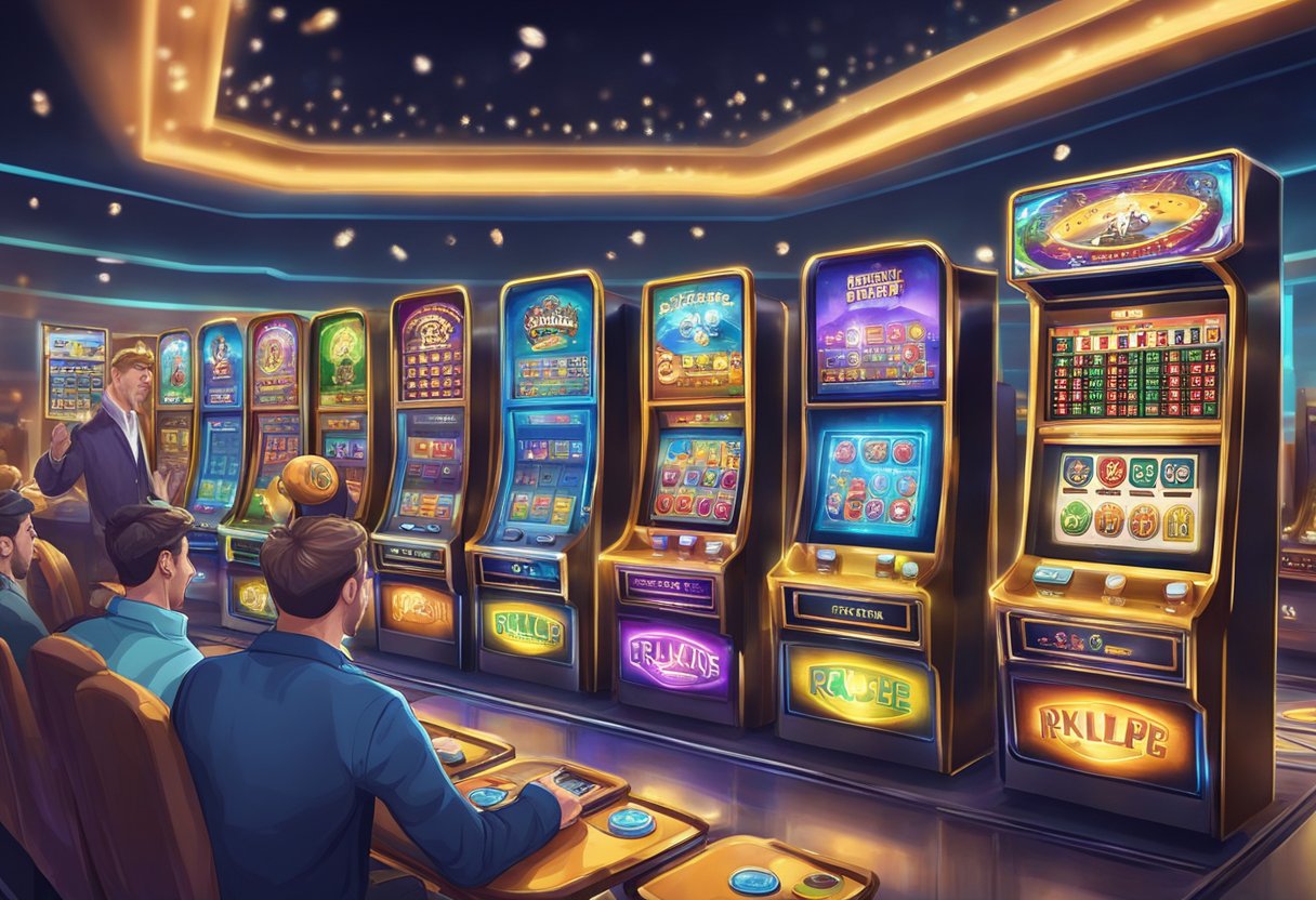 Players choosing from various Ripple casinos, with logos and game options displayed on a digital screen. Excitement and anticipation fill the air