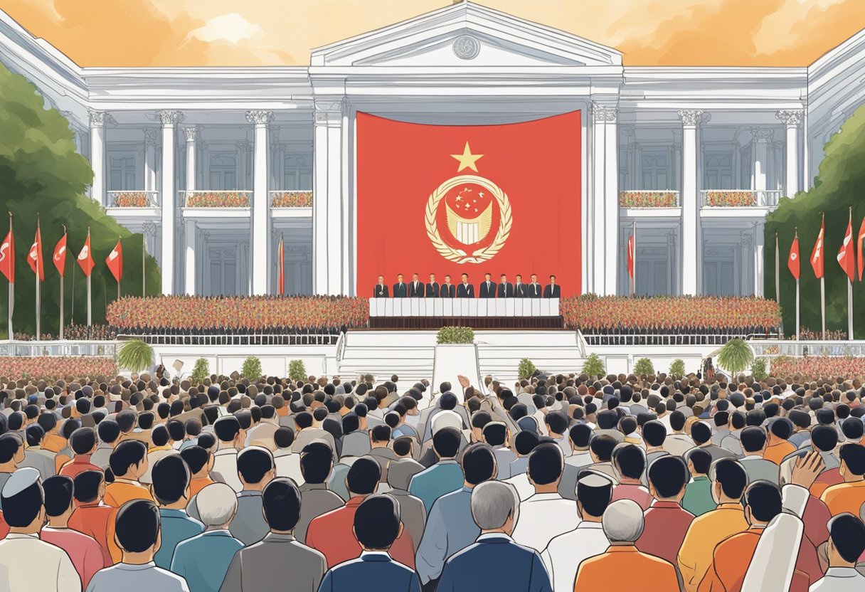 A grand inauguration ceremony at the Istana, with the new president of Singapore taking the oath of office amidst a backdrop of the national flag and a sea of cheering supporters