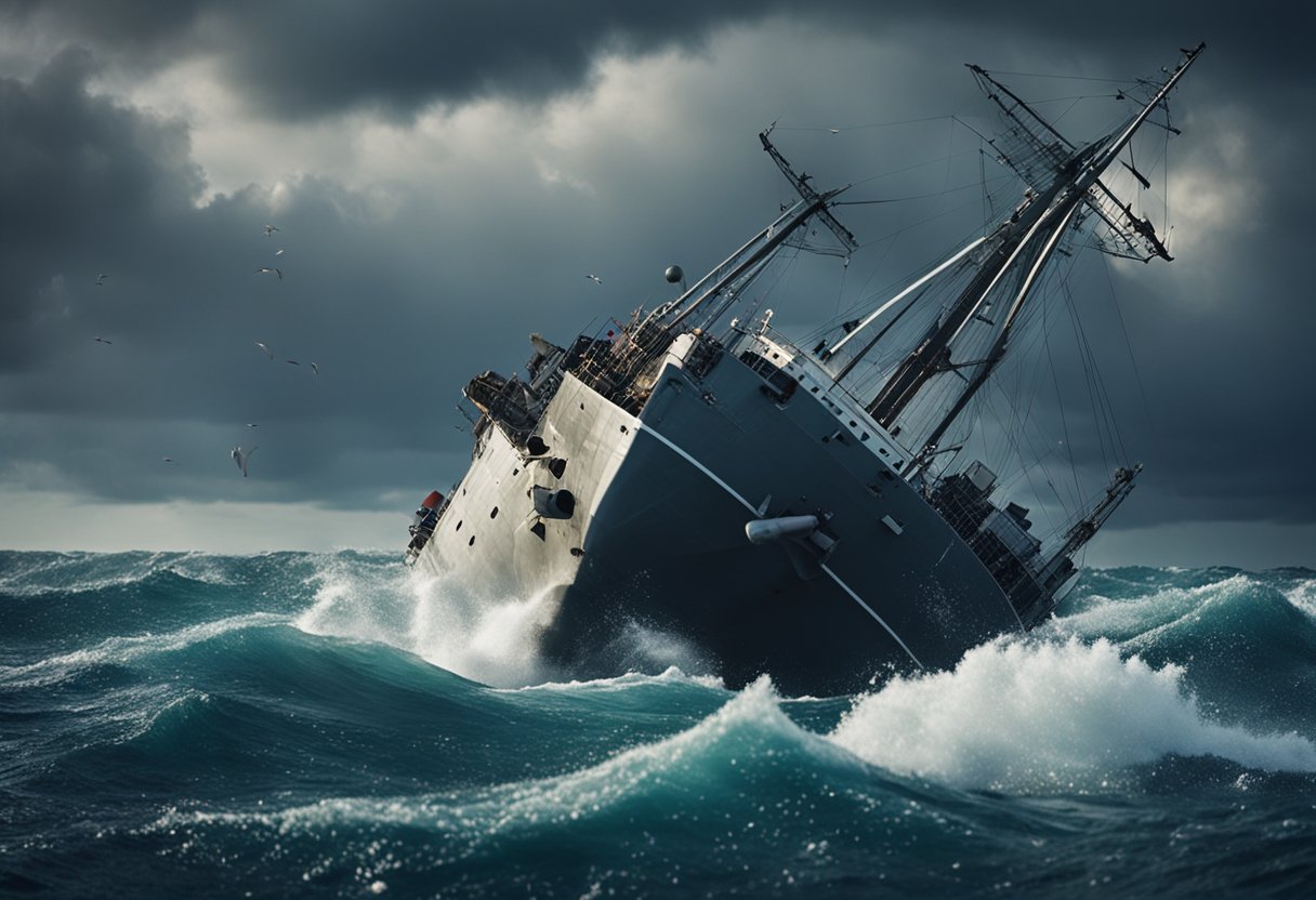 Ships collide in stormy seas, causing chaos and destruction. Debris and wreckage litter the water, as vessels struggle to stay afloat