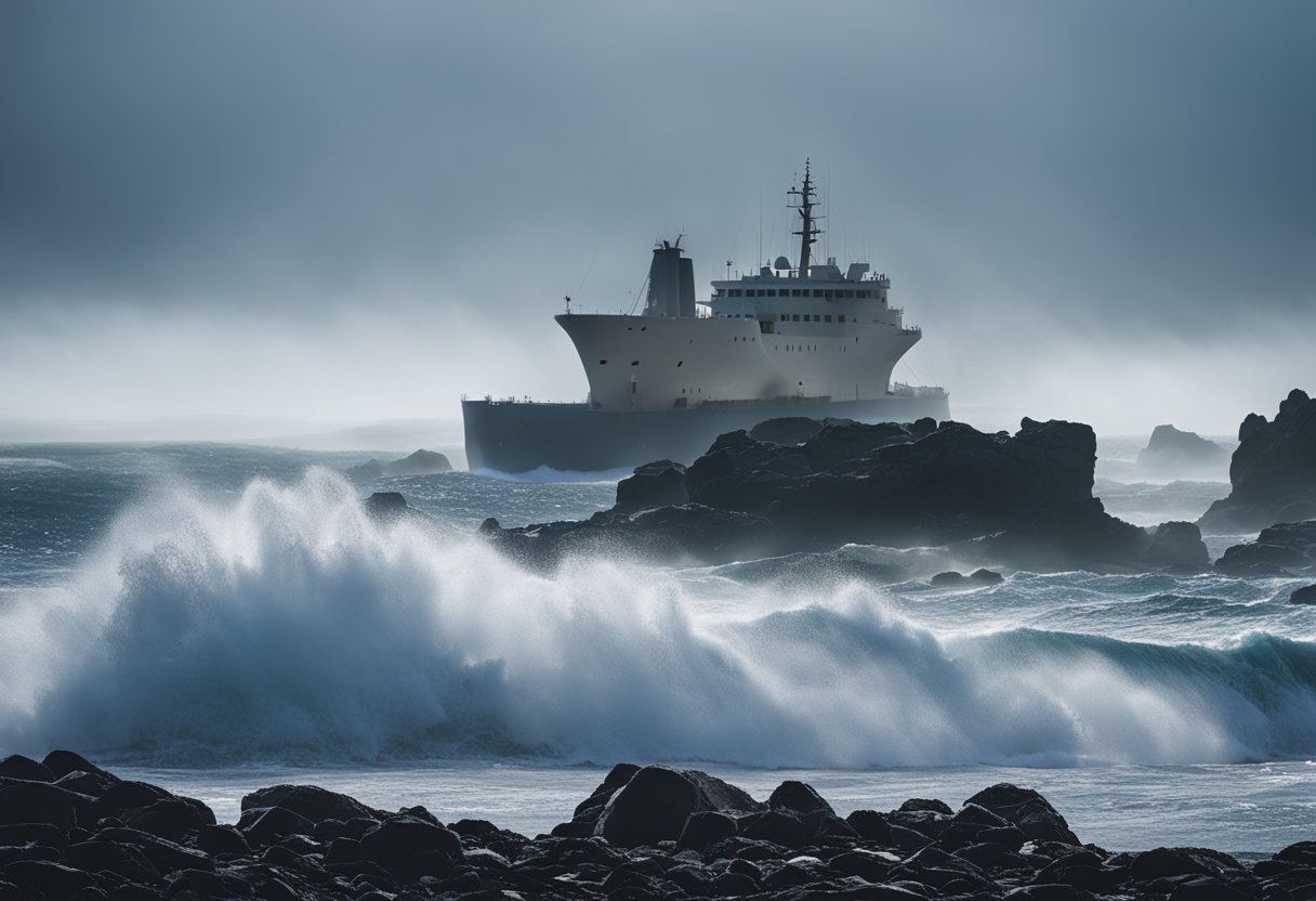 Waves crashing against a rocky shore, a ship listing to one side, and a dense fog obscuring visibility