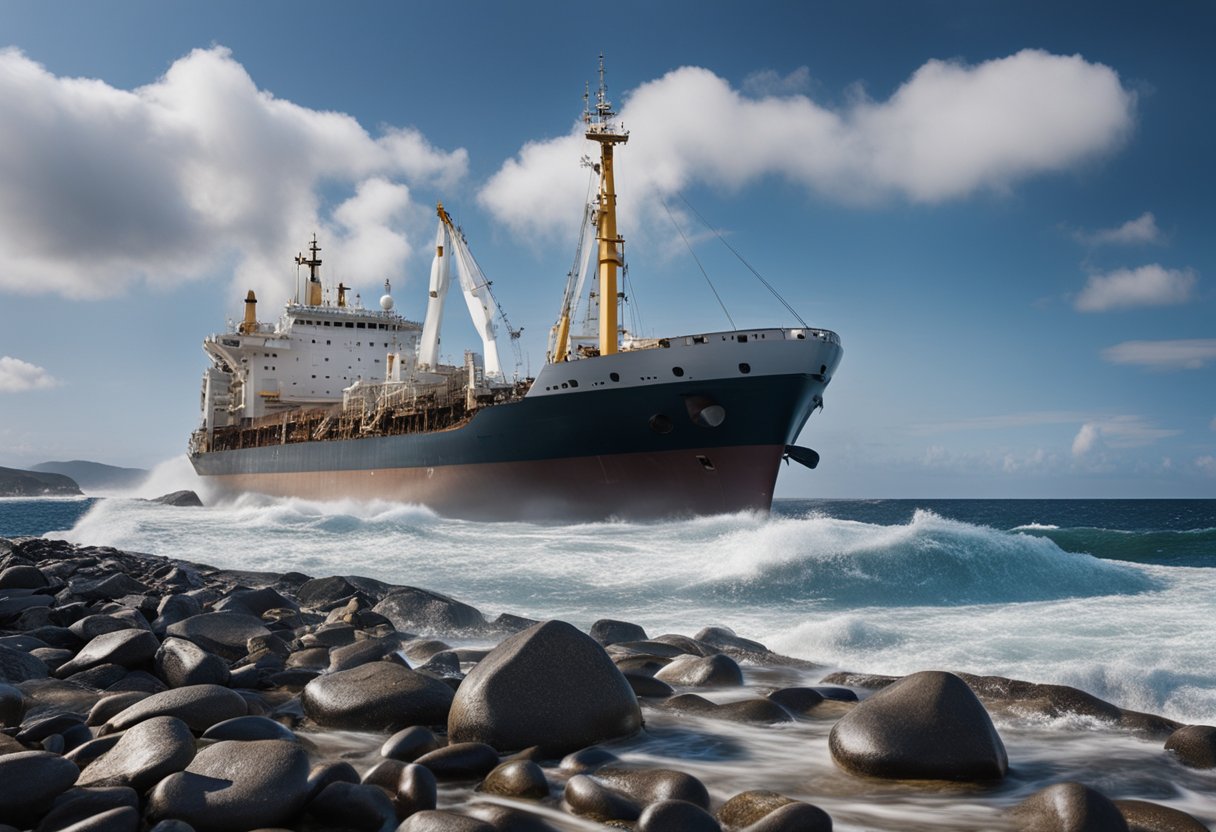 A ship collides with a rocky coast, spilling cargo into the water. Another vessel runs aground, causing a large oil spill