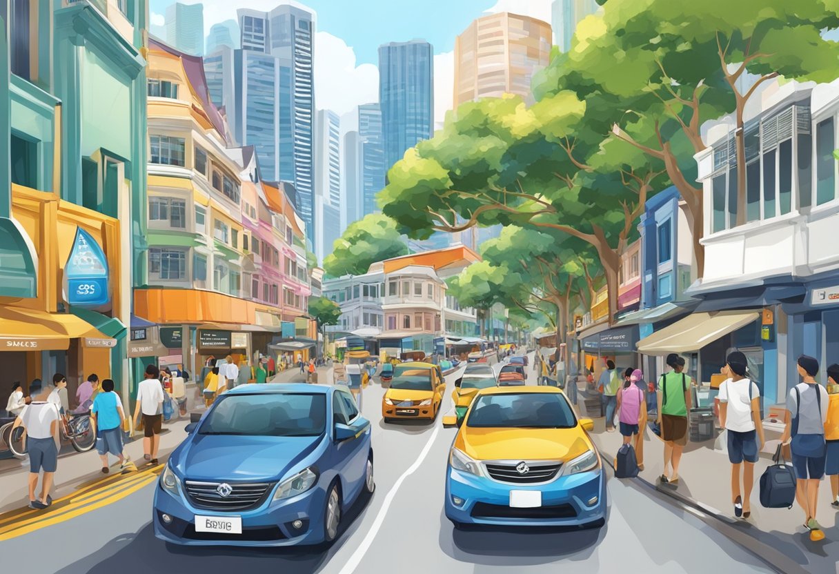 A bustling street in Singapore, with colorful buildings and bustling traffic on Bendemeer Road