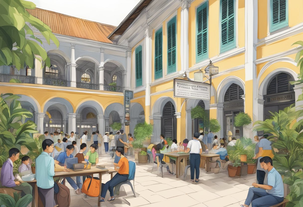 A bustling courtyard at Chijmes, with people milling around and a prominent sign reading "Frequently Asked Questions" in Singapore