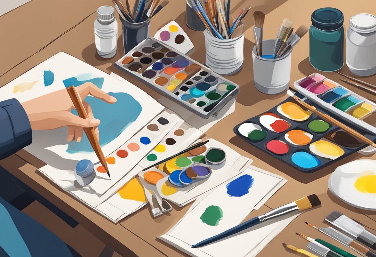 A table with various art supplies neatly arranged, including paint, brushes, paper, and a guidebook. A person's hand reaching for a paintbrush