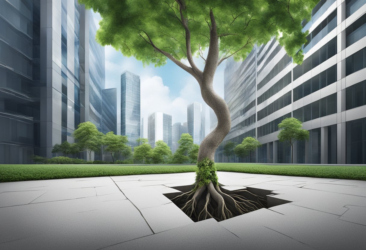 A tree growing from a crack in concrete, surrounded by corporate buildings and greenery, symbolizing the growth and responsibility of NTT Singapore