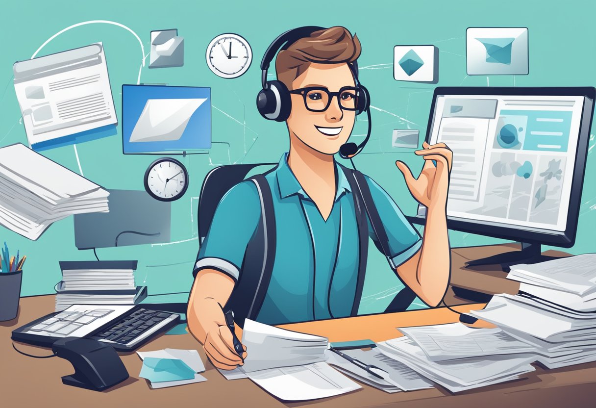 A customer service representative answers questions at a desk with a computer and phone, surrounded by FAQ documents and a company logo