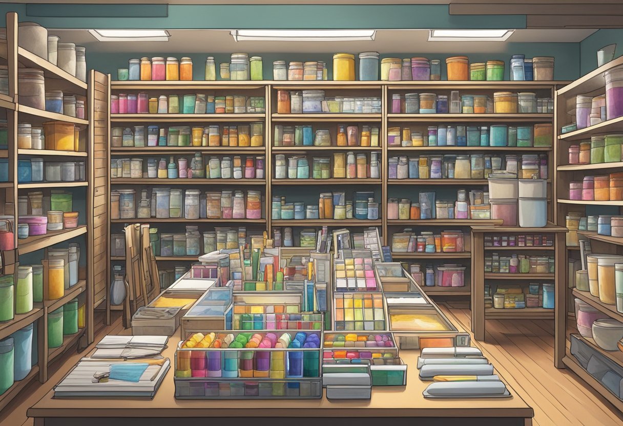 A table with ART kits neatly arranged, surrounded by open shelves stocked with more kits