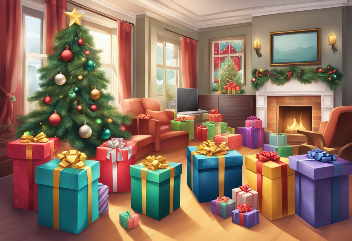 A festive holiday scene with gift boxes, Christmas decorations, and a Singaporean twist