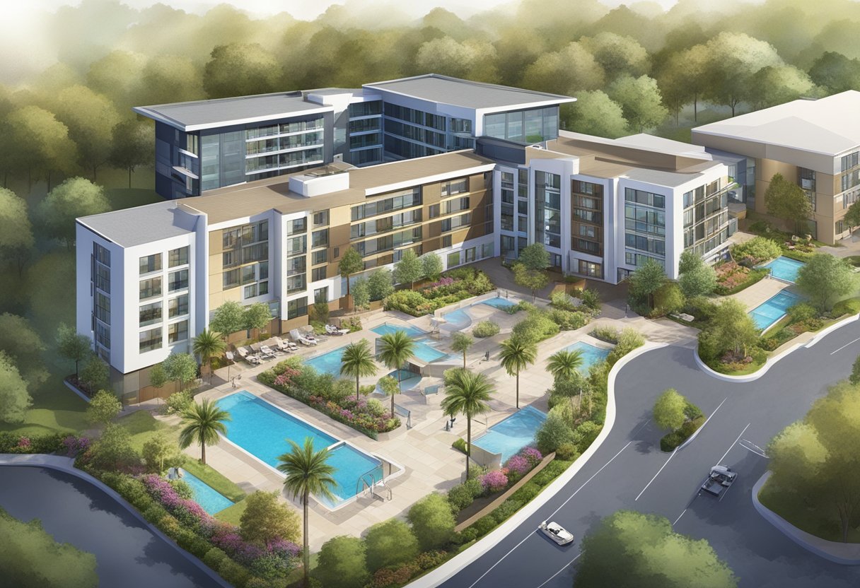 The scene showcases various amenities and services at 1500 Bendemeer Road, including a swimming pool, fitness center, concierge desk, and lush landscaping