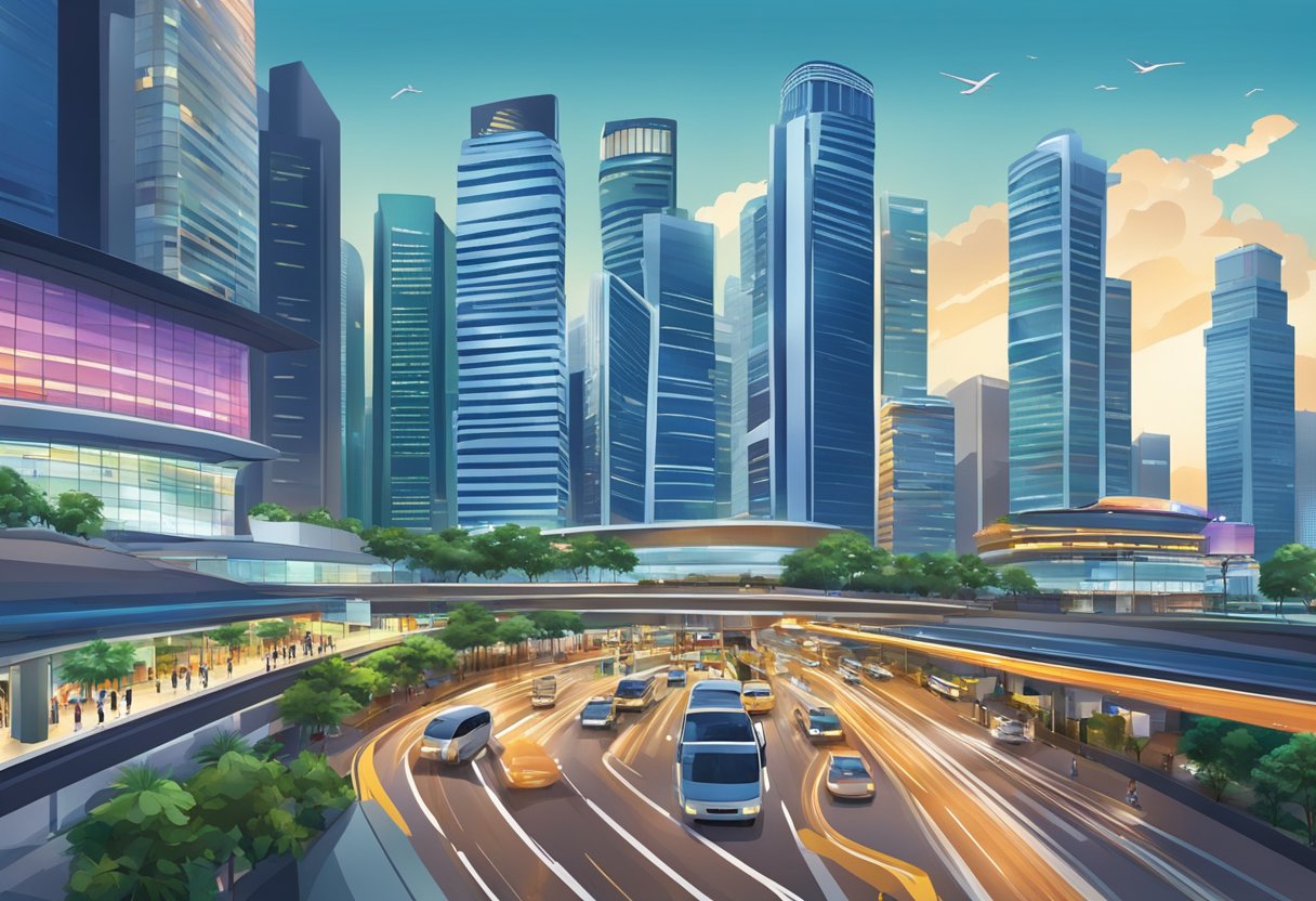 The bustling streets of Singapore's Central Business District, with towering skyscrapers and bustling traffic, creating a vibrant and dynamic cityscape