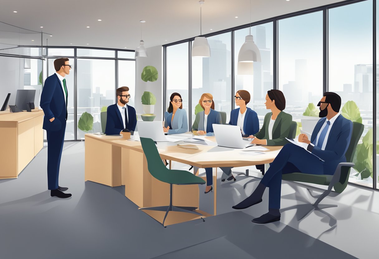A group of professionals discussing real estate regulations in a modern office setting with the Council for Estate Agencies logo prominently displayed