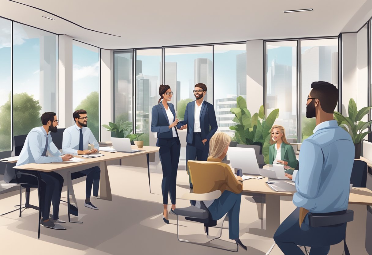 Potential buyers interacting with property agents in a modern office setting. The agents are showcasing property brochures and discussing details with the clients