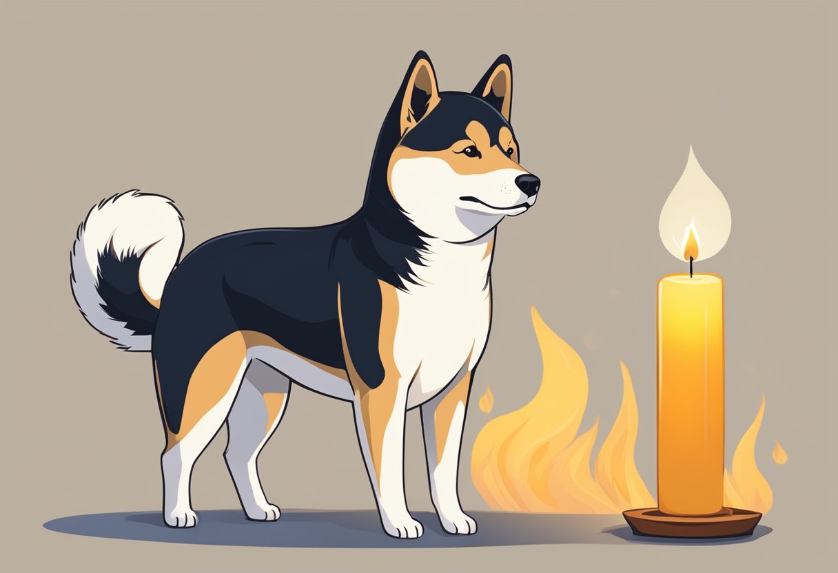 A Shiba Inu standing near a burning candle, with a thoughtful expression on its face