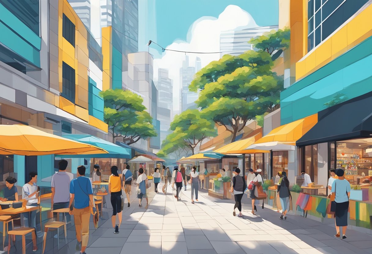 People strolling past trendy shops and cafes at Cineleisure Orchard, with vibrant street art and bustling energy