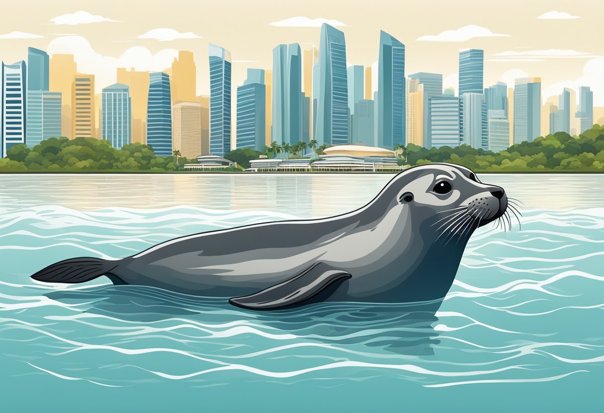 A seal swimming in the clear waters of Singapore, with the city skyline in the background